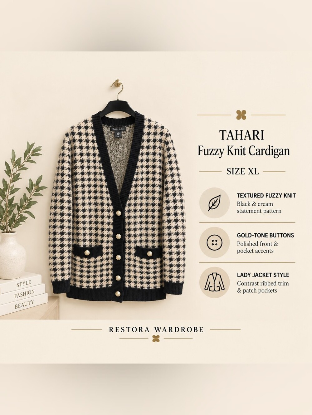 Tahari Fuzzy Knit Cardigan Black Cream Gold Buttons XL Lady Jacket